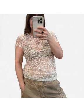 Vintage Y2K Sheer Lace Top Coquette Baby Tee Cream Floral